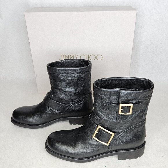 Jimmy Choo Black Biker Leather Unlined Belted Boots BKU 247 with Box Size 37/6.5 - Picture 2 of 10
